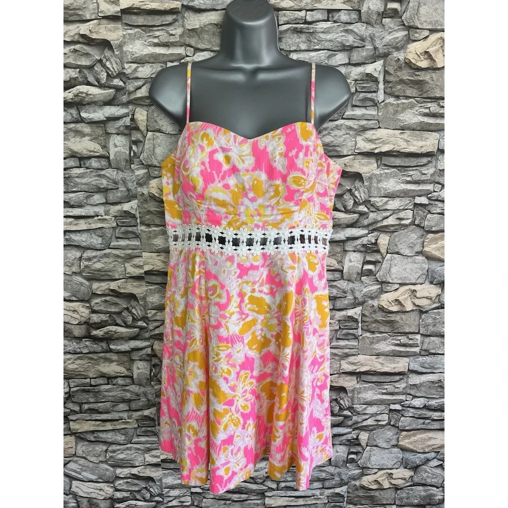 Lilly Pulitzer Lenore Lace Cutout Dress Spaghetti Straps Pockets Cotton 10 Sz 10 - Picture 1 of 11